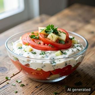 Салата от пресни червени домати, майонеза и кисело мляко