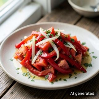 Салата от печени пиперки с домати и лук