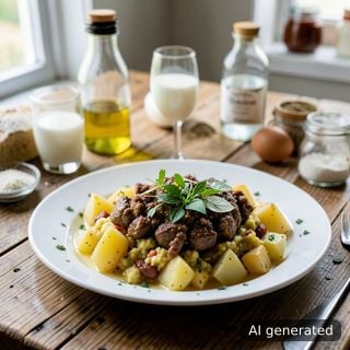 Фрикасе с телешко месо и пюрирани картофи
